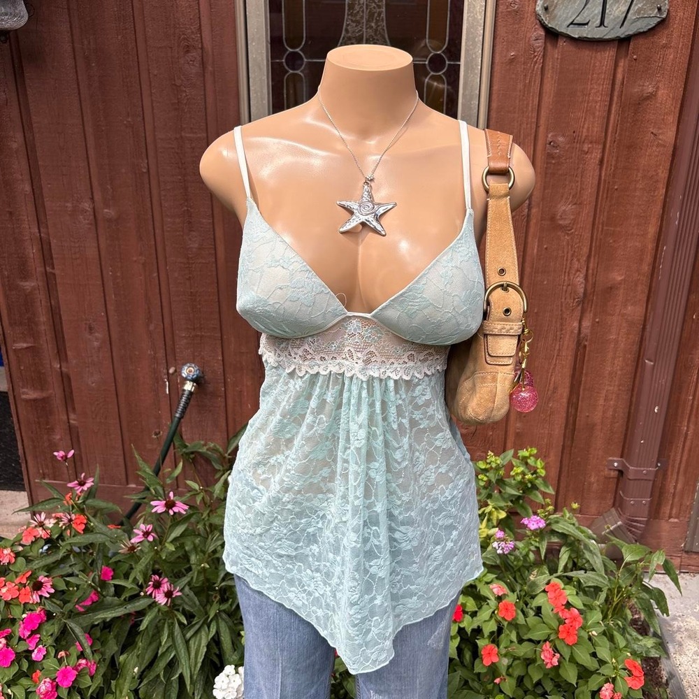 y2k 2000s baby blue lace sheer babydoll cami top